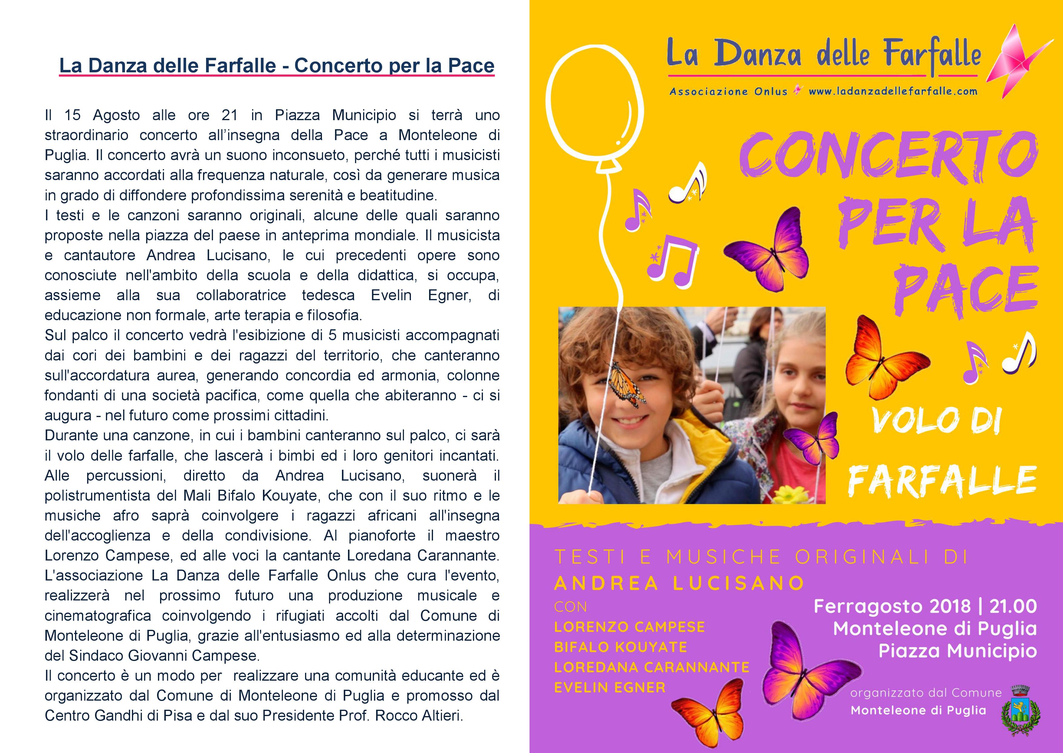 Comunicato stampa La Danza delle Farfalle Onlus Concerto Ferragosto Monteleone di Puglia
