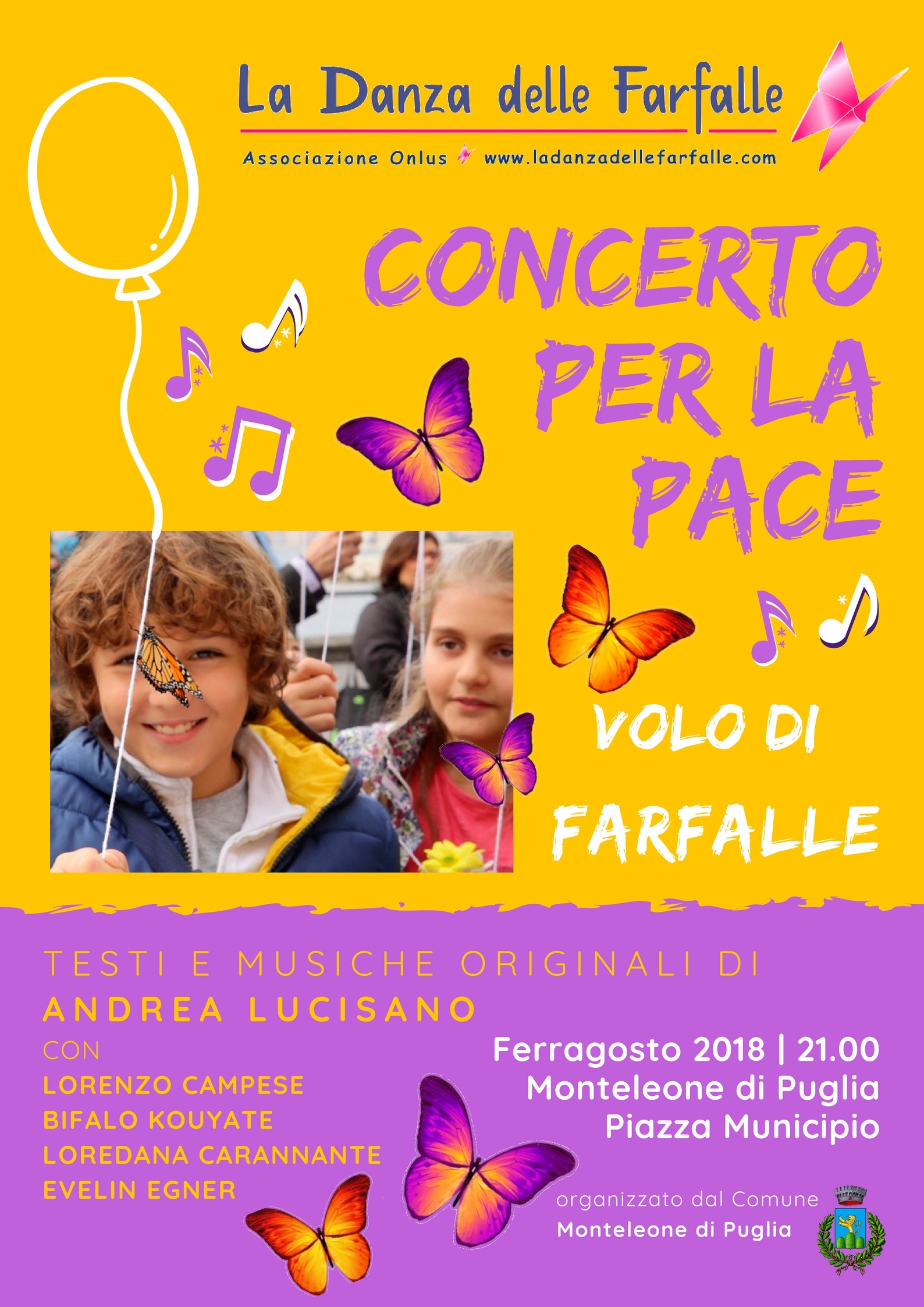 Locandina sito evento La Danza delle Farfalle Concerto per la Pace Andrea Lucisano Monteleone di Puglia Ferragosto 2018