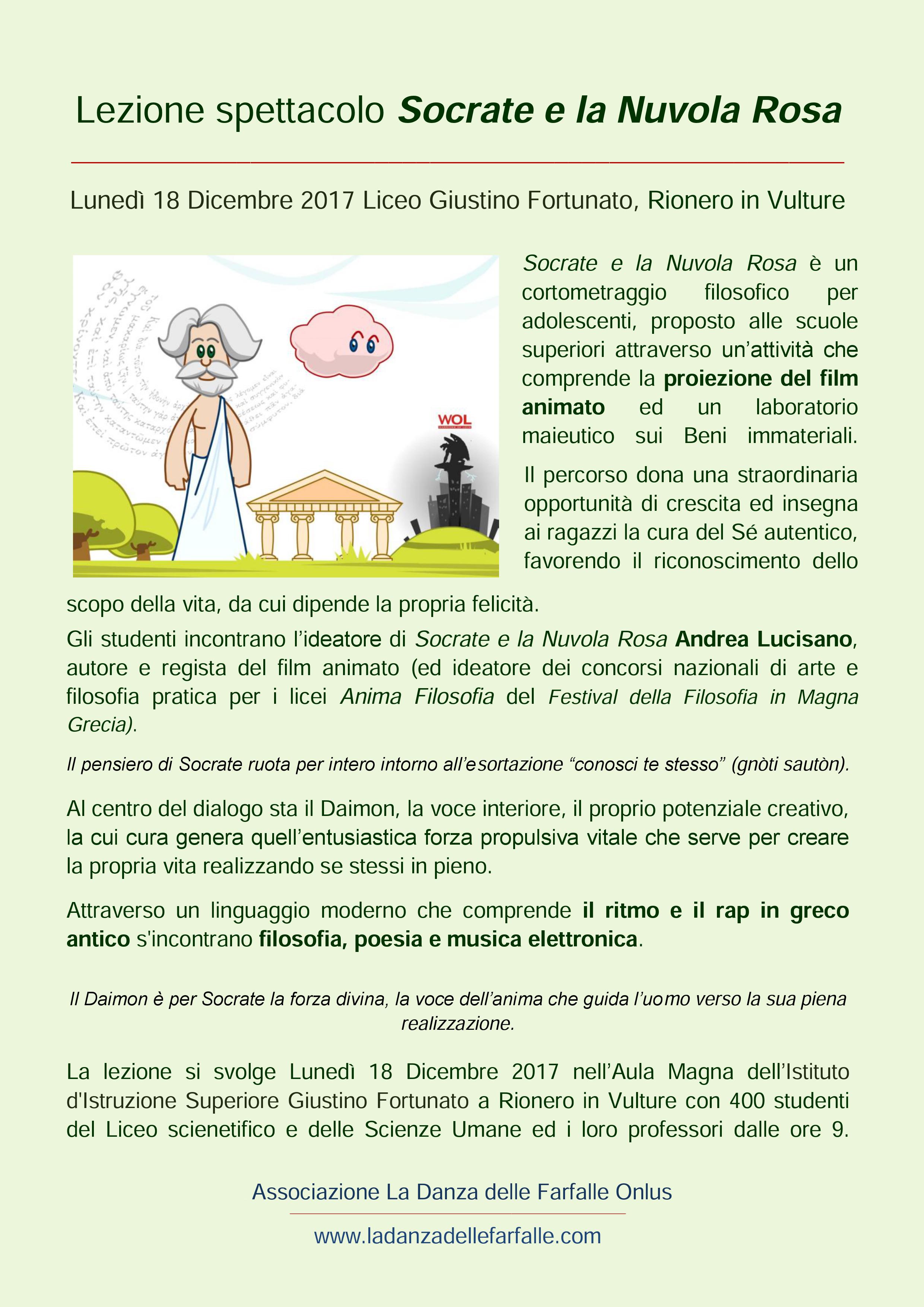Socrate e la Nuvola Rosa Laboratorio di Filosofia pratica comunicato stampa Liceo Fortunato Rionero